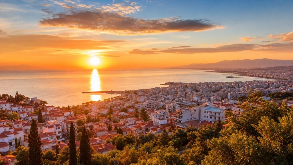 Ανατολή και δύση ηλίου πάνω από ελληνική παραθαλάσσια πόλη