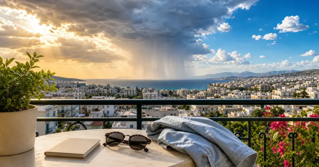 Μεσογειακή πόλη με ήλιο, σύννεφα και βροχή στο βάθος για πρόγνωση καιρού